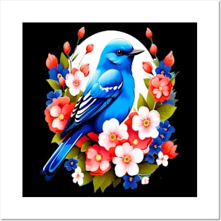 Cute Blue Bird Surrounded by Bold Vibrant Spring Flowers Posters and Art